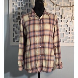 Wrangler Plaid Flannel Shirt Womens Small Pink Purple Cream Button Down